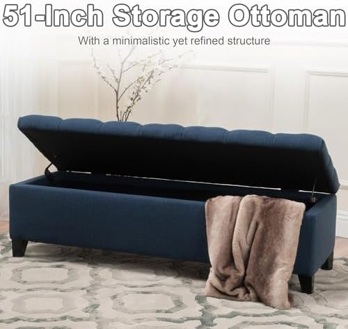 Fabric Storage Ottoman Bench, 51" Navy Blue Storage Bench End of Bed, Entryway Bedroom Benchs with Safety Hinges, Button Tufted Ottoman with Storage for Living Room, Entryway and Hallway