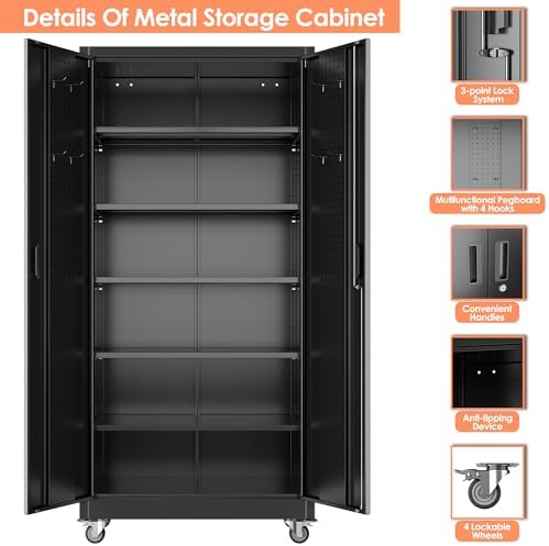 Metal Garage Storage Cabinet with Wheels and Pegboard Doors