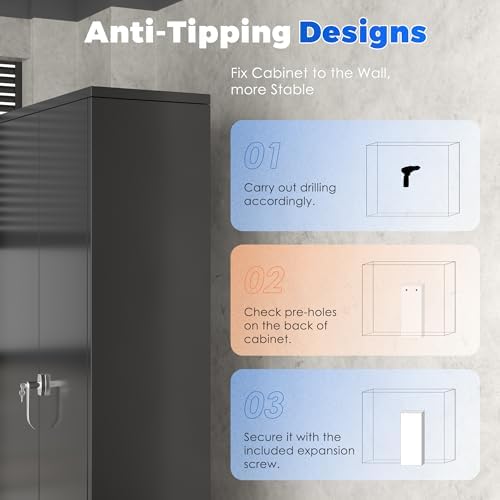 INTERGREAT Storage Cabinet with Doors and Shelves, Metal Garage Storage Cabinets with Lock, Black Lockable Steel Supply Cabinet for Home Office, Warehouse