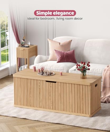 Akxomel 45.3" Fluted Storage Chest Wooden Storage Trunk 2 Safety Hinges Oak