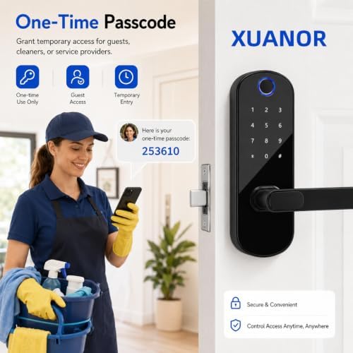 Keyless Entry Fingerprint Smart Deadbolt Lock with Handle & Keypad – App Control, Code Access, Easy DIY Install for Front Door, Home, Airbnb, Rental