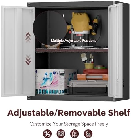 Steel Wall Cabinet, Heavy Duty Hanging Garage Storage Cabinet with Adjustable Shelf & Locking Doors, Wall Mounted Metal Garage Cabinet for Workshop, Utility Room, Shed, Black/Grey