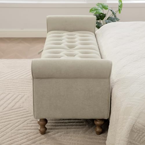 Storage Bench for Bedroom, 65.2'' Tufted End of Bed King Size Upholstered Extra-Long Bench with Dual Flip-Top Lids for Entryway, Hallway, Cloakroom, Window, Griege.