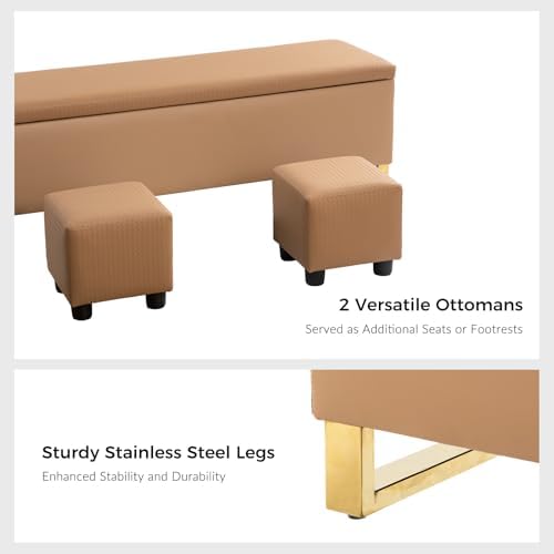 60" Leather Storage Bench with Throw Ottomans, Large Modern Flip Top End of Bed Benches King Size, Upholstered Footrest Stool with Gold Legs for Living, Bedroom, Entryway and Hallway, Camel
