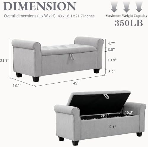 49" End of Bed Storage Bench for Bedroom, Upholstered Storage Ottoman