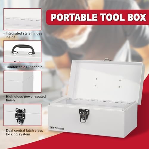 P.I.T. Metal Tool Box 12 Inch,Portable Small Toolbox with Latch,White