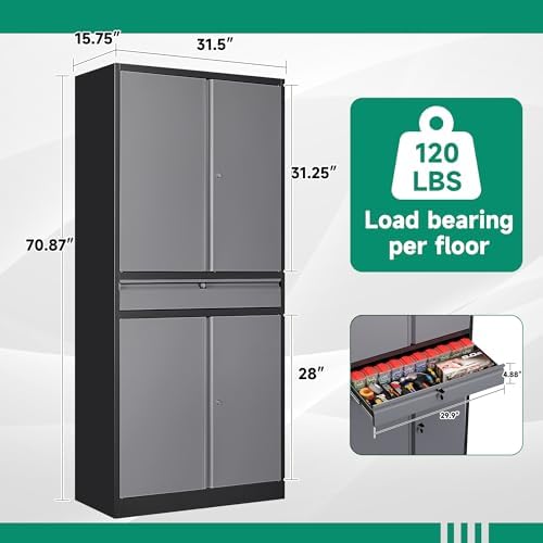 Letaya Metal Garage Storage Cabinet with Drawer,4 Door Tool Cabinet with Lock-2 Adjustable Shelves for Garage Home Office Utility Room (Black & Gray)