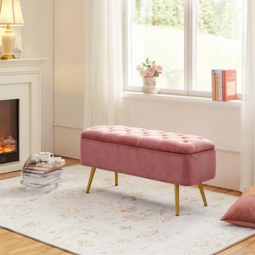 Yaheetech Storage Ottoman Bench for Bedroom, Velvet End of Bed Bench, Pink