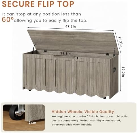 DHZ 47.2 Inch Wooden Storage Bench, Storage Chest with Cushion Seat, 4 Swivel Wheels and 2 Safety Hinges, Entryway Storage Bench for Living Room, Bedroom