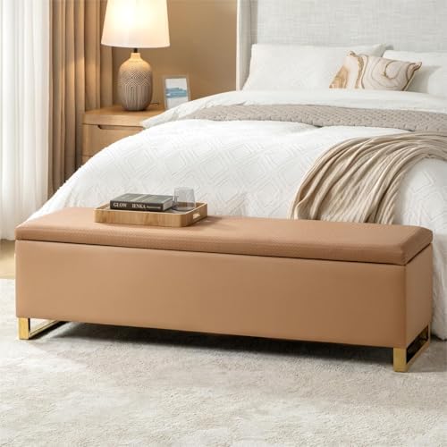 60" Leather Storage Bench with Throw Ottomans, Large Modern Flip Top End of Bed Benches King Size, Upholstered Footrest Stool with Gold Legs for Living, Bedroom, Entryway and Hallway, Camel