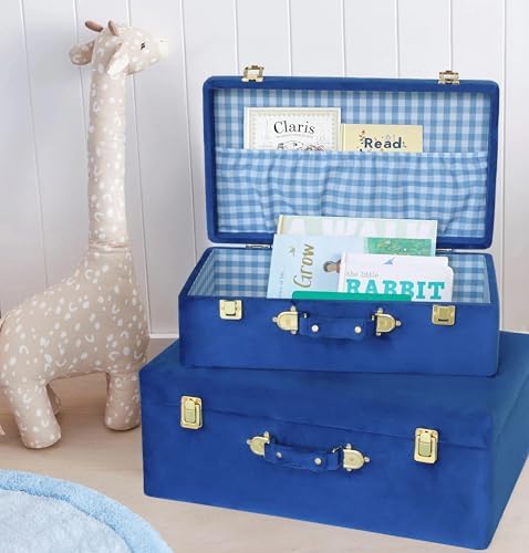 HofferRuffer Velvet Storage Trunks with Wood Frame, Set of 2 Storage Chests with Handles, Bedroom Organizer Nesting Upholstered Decorative Boxes Hinged Lid with Gold Hardware Accents (Blue Trunks)
