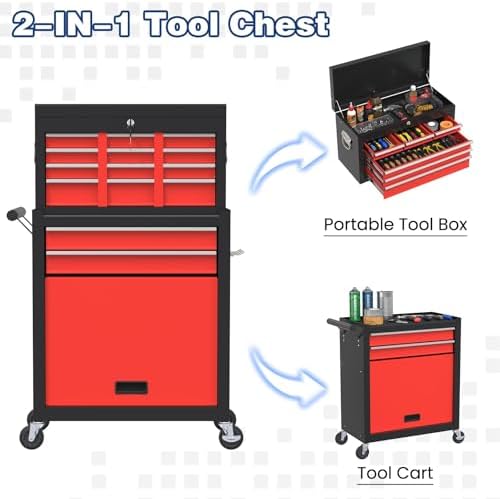 Rolling Tool Box with Wheels, 8-Drawer High Capacity Tool Chest with Wheels, Removable Storage Toolbox with Lock for Garage, Workshop (BlackRed)