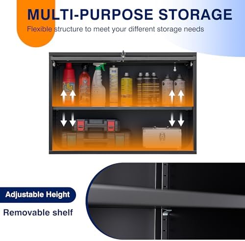 Yizosh Metal Garage Wall Cabinet with Doors and Shelves, Wall Mounted Metal Storage Cabinet, Floating Garage Tool Cabinet for Garage, Basement, Kitchen, Warehouse (Black, 21.6" H)