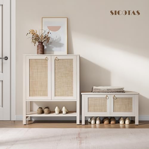 SICOTAS Rattan Storage Bench Boho Storage Chest with 2 Safety Hinges