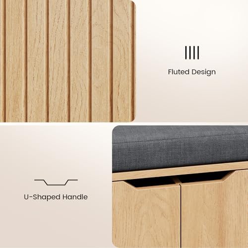 59" Storage Bench with Drawer, 2-Tier Shoe Bench with Storage, Long Entryway Bench, Thickened Cushion, Adjustable Shelf, Fluted Design for Entryway, Bedroom, Living Room, Natural