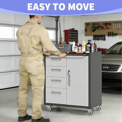 Metal Garage Storage Cabinet on Wheels, Lockable Rolling Tool Cabinet