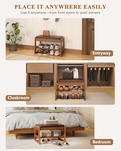 Shoe Rack Bench with Hidden Storage, 2‑Tier Solid Rubberwood Entryway Bench