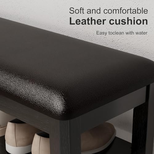 AQIMUELE Shoe Bench with Leather Cushion, 3 Tiers Shoe Storage Bench Height Adjustable, Walnut Wood Entryway Bench for Hallway, Mudroom
