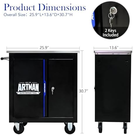 Double-Door Heavy-Duty Rolling Steel Tool Cart with Handle&Wheels, Metal Storage Organizer Cabinet, Tool Chest for Efficient Tool Storage in Garage, Warehouse, Workshop, Repair Shop, Blue