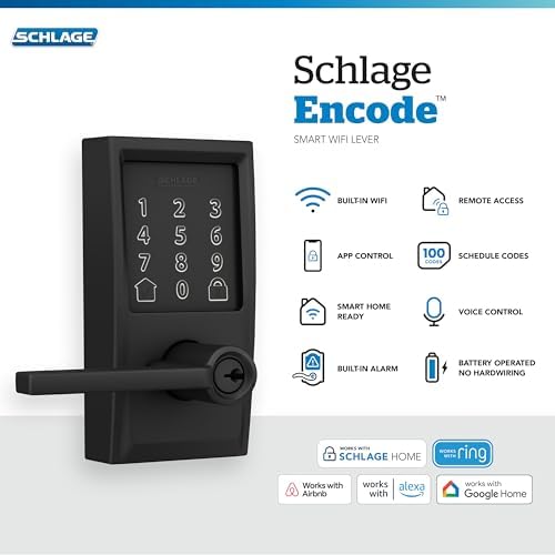 Schlage Encode Smart WiFi Lock, Lever Handle, Century Trim, Matte Black