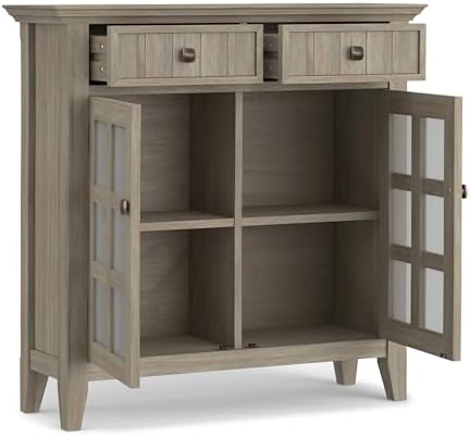 SIMPLIHOME Acadian Storage Bench and Cabinet Set in Distressed Grey