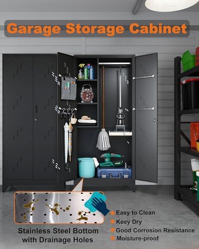 OSEILLC Metal Storage Cabinet with Locking Doors, 75" Tall Garage Cabinet with Hanging Rod, Broom Closet/Freestanding Bathroom Storage Cabinet, Cleaning Tool Storage