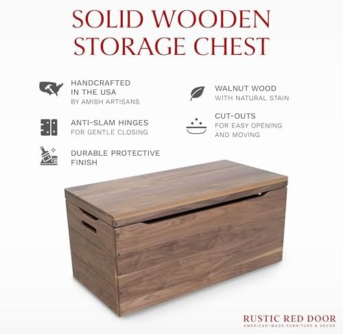Amish Made Wooden Storage Chest Trunk Box with Lid and Handles for Bedroom, Blanket, Clothes, Anti-Slam Hinges, Handmade, Rustic, Walnut Wood, Natural Stain, 42"