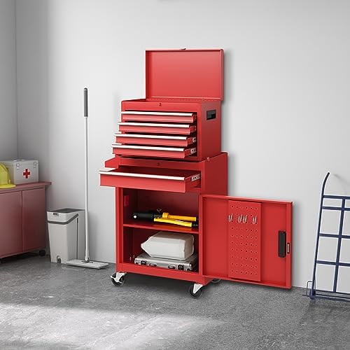 Goplus Tool Chest, 5 Drawers Rolling Tool Cabinet with Detachable Top Toolbox, Universal Lockable Wheels, Lock Bar, Protective Liner & Tool Rack, Metal Tool Storage Cart, Tool Box for Garage Workshop