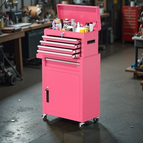 Greenvelly 5-Drawer Tool Chest with Wheels, Pre-Assembled Rolling Tool Chest, Detachable Top Tool Box, Lockable Design, Comes with Drawer Liners & Side Hooks for Garage Workshop Repair Room (Pink)