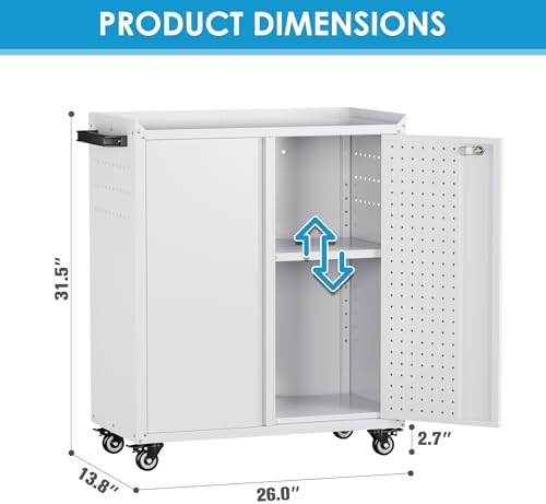 Reemoon Steel Garage Storage Cabinet with Wheels and 2 Lockable Doors, Metal Storage Cabinet with Pegboard and Hooks for Garage,Home,Warehouse,Assembly Required,White,13.8" D x 26" W x 31.5" H