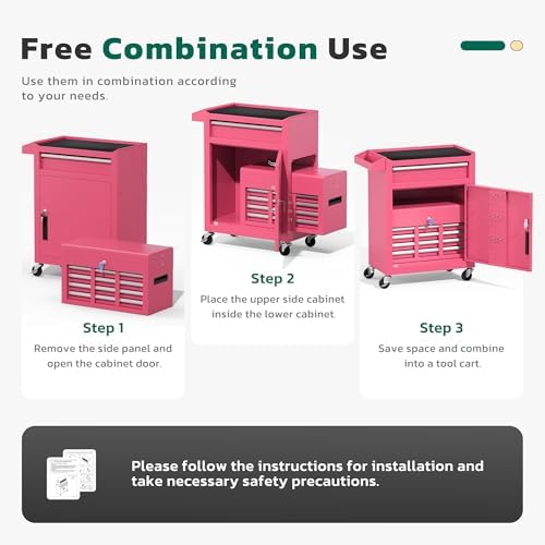 Greenvelly 5-Drawer Tool Chest with Wheels, Pre-Assembled Rolling Tool Chest, Detachable Top Tool Box, Lockable Design, Comes with Drawer Liners & Side Hooks for Garage Workshop Repair Room (Pink)