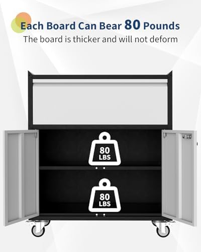GarveeHome Garage Tool Storage Cabinet, Heavy Duty Metal Rolling Cabinet with Drawer, Adjustable Shelf, Lock & 4 Wheels, Tool Cart for Home Office Workshop, Grey