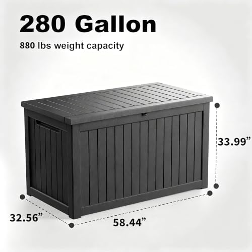 DRATO 280 Gallon Deck Box, Outdoor Large Waterproof Resin Storage Box with Lockable Lid for Patio Cushions, Gardening Tools (Black, 280 Gallon)