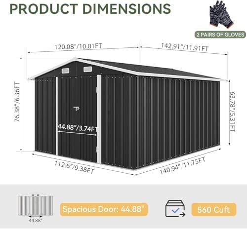 Aoxun 10 x 12FT Outdoor Storage Shed with Double Hinged Large Door, Black