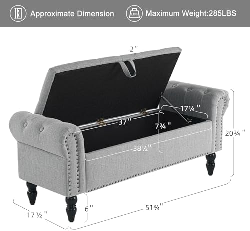 Furniliving 51” Bedroom Bench, End of Bed Bench with Button-Tufted Large Upholstered Storage Bench Ottoman Linen Window Benches with Storage Shoe Cabinet, for Bedroom, Entryway, Closet, Grey