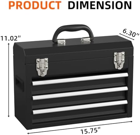 Portable Metal Tool Box – 3 Drawers Lockable Mini Toolbox, Heavy-Duty Tool Chest for Workshop & Garage (Black)