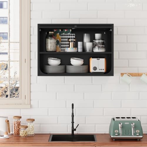 Fesbos Metal Storage Cabinet Black Wall Cabinets with Shelf and Locking Door - Wall Mounted Storage Cabinet for Garage Warehouse Home Office - Assembly Required