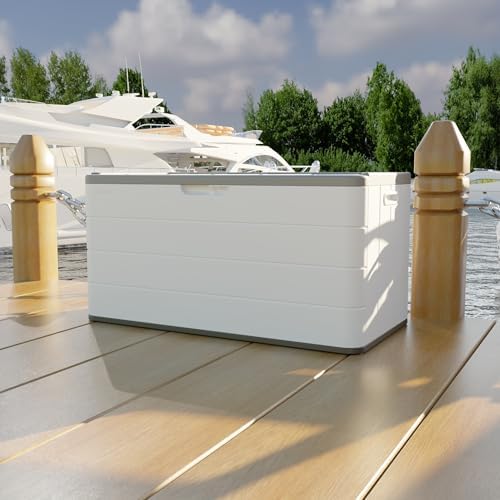 Mrosaa 110 Gallon Deck Box Waterproof,Double-Wall Resin Outdoor Storage Boxes, Deck Storage for boat slip storage,Cushions, Pool Float, Garden Tools,Patio Furniture, Lockable (OFF-WHITE)