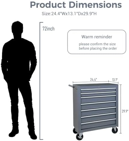 7-Drawer Rolling Tool Cart on Wheels, Drawers Rolling Tool Chest with Lock, Mobile Trolley Organizer Tools Box with Locking Wheels & Ball Bearing Drawers for Garage,Warehouse,Repair Shop (Grey)
