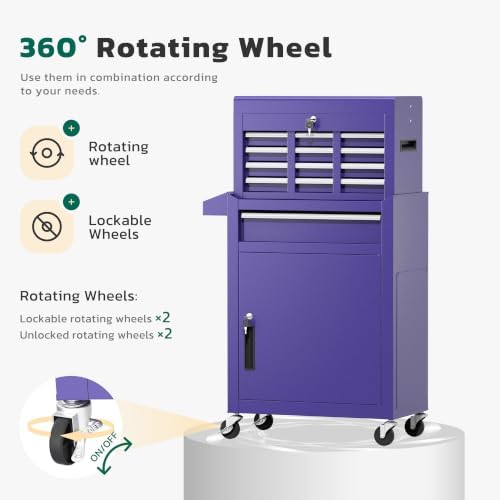 Greenvelly 5-Drawer Tool Chest with Wheels, Pre-Assembled Rolling Tool Chest, Detachable Top Tool Box, Lockable Design, Comes with Drawer Liners & Side Hooks for Garage Workshop Repair Room (Purple)