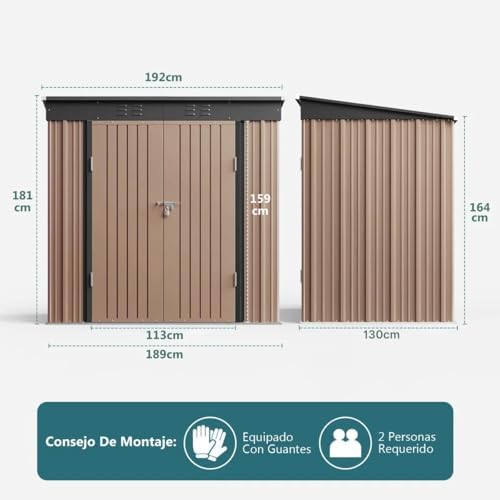 Metal Garden Shed, 2 Lockable Doors, Ventilated, for Storage of Tools and Supplies (Brown)