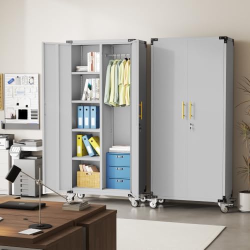 pozdeg 71" Rolling Lockable Metal Broom Closet Storage Cabinet, Grey White