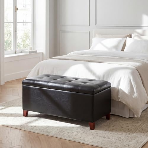 Asense Storage Ottoman Bench, 33" Faux Leather Upholstered End of Bed Bench with Safety Hinge,Wooden Legs,for Entryway Bedroom Living Room,Black