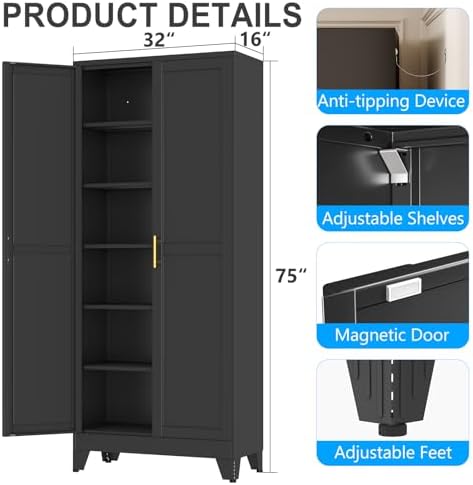 pozdeg 75" Black Heavy Duty Metal Garage Storage Cabinet