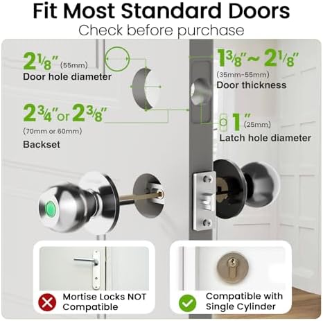 GHome Smart Fingerprint Door Lock, 3 in 1 Smart Fingerprint Door Knob with App Control & Key, Auto Lock, Biometric Door Knobs with Lock for Bedroom, Garage, Home & Office