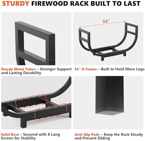 34-inch Firewood Rack Outdoor Indoor with Log Carrier Bag, Stable Log Holder Rustproof Metal Wood Rack for Fireplace Patio Deck Firepit, Heavy Duty Firewood Storage Organizer Tool, Black