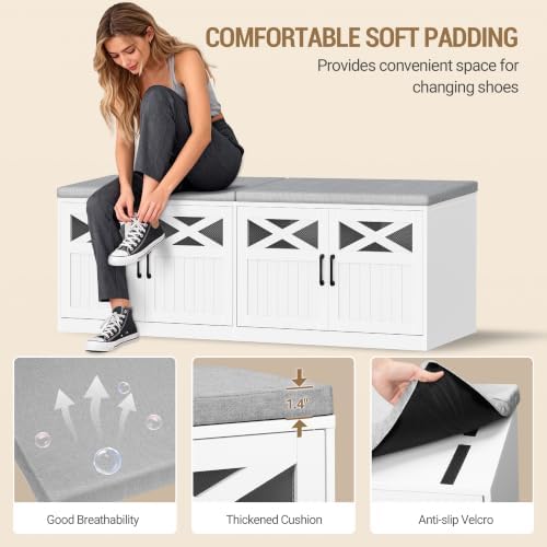 Hzuaneri 59" Shoe Storage Bench with 4 Barn Doors & Padded Seat Cushion
