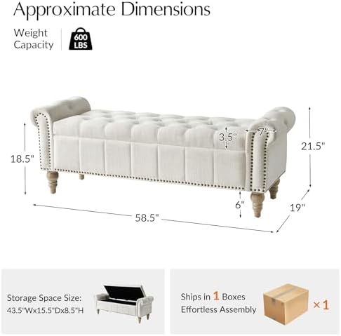 HULALA HOME Farmhouse Storage Bench, Ivory