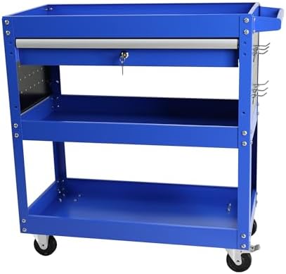 Tool Chest with Wheels, 3-Tier Rolling Tool Box with 1 Drawer & Hooks, Heavy Duty Utility Industrial Service Cart with Locking System Drawer for Garage, Warehouse & Repair Shop,Blue