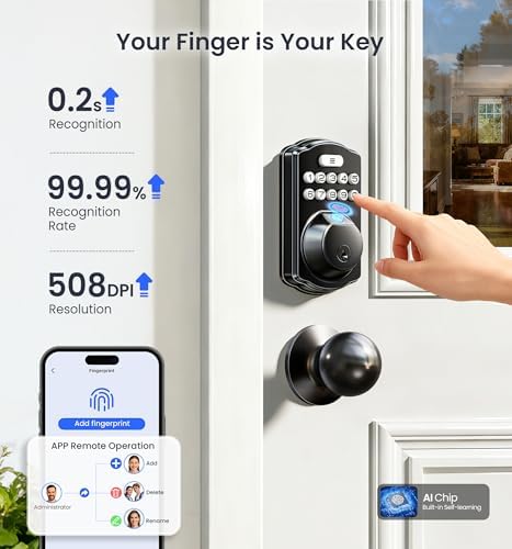 Veise VE012W-K WiFi Fingerprint Smart Lock with 2 Knob Set, Matte Black